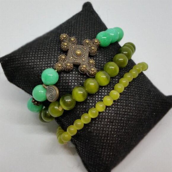 Bundle lot 3 boho style green bracelets cat's eye nephrite - Picture 1 of 3